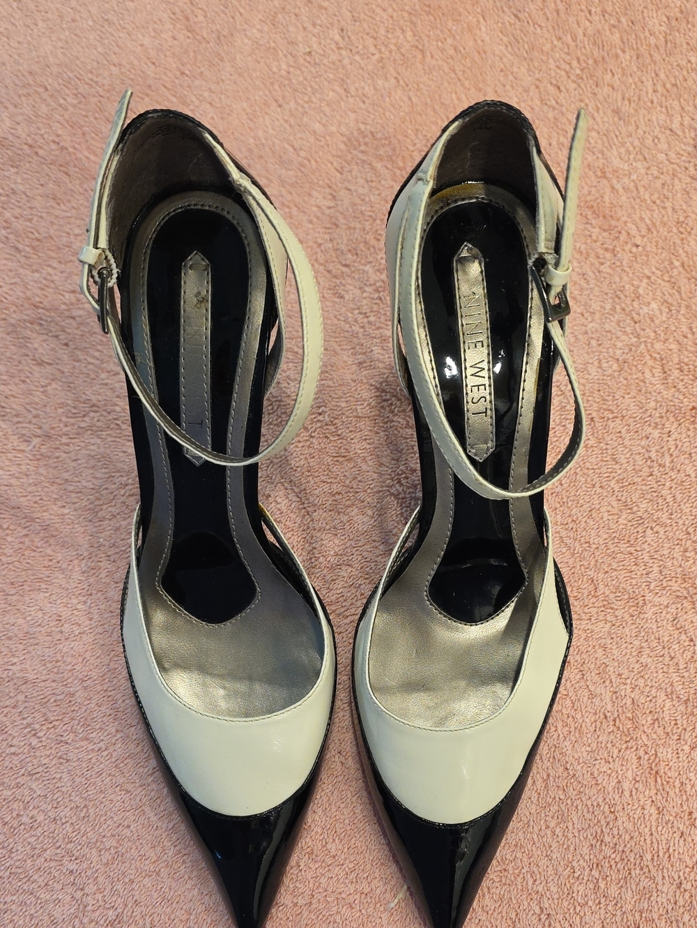 Nine West Patent Two-Tone Pointed Toe Ankle-Strap Pumps in White and Black